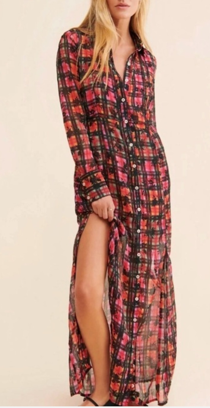 Free People Jerra plaid floral shirt dress duster with slip Size S Pink Boho